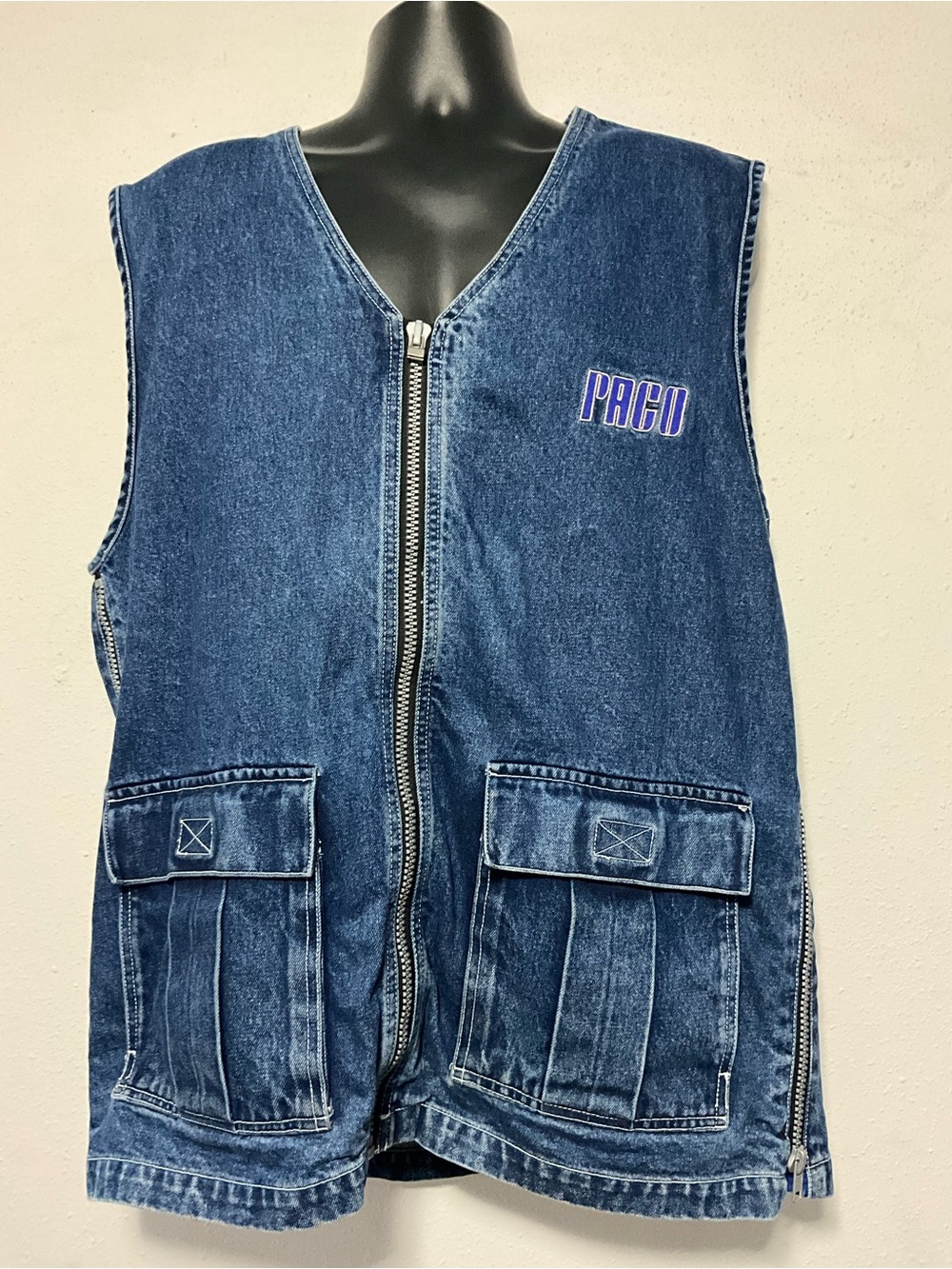 Vintage 90s Paco Jeans Denim Utility Vest Y2K Gorpcore Side Zip Large